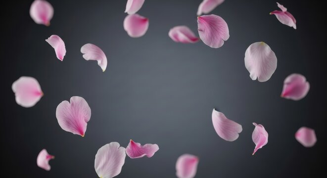 Pink Flower Petals Falling on Dark Background with Soft Focus