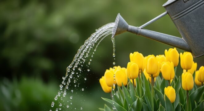 Watering Can Pouring Water Over Bright Yellow Tulips in Garden