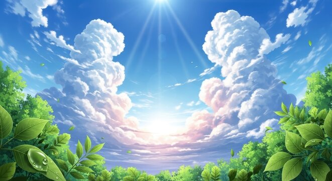 Serene Landscape with Lush Greenery and Dreamy Cloudy Sky