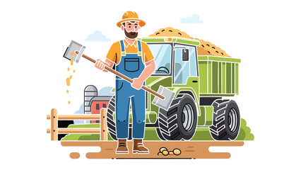 Farmer and Tractor: A dedicated farmer stands beside a tractor filled with harvest, embodying the spirit of labor and the bounty of the land. © hafs121