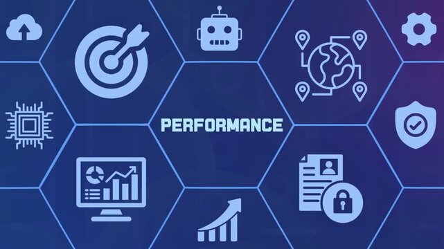 Technology performance concept background with hexagonal grid and digital business icons for data management.