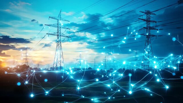 Power lines network against sky representing technology and infrastructure