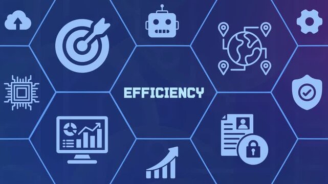 Industrial and business efficiency optimization concept with glowing gear and performance icons.