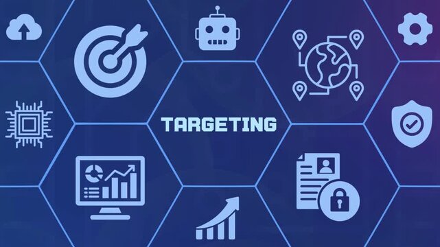  Strategic marketing targeting concept with digital aim icon and business audience segmentation symbols.