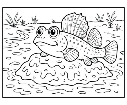 Coloring page showing a cute mudskipper fish sitting on a mound in muddy water.