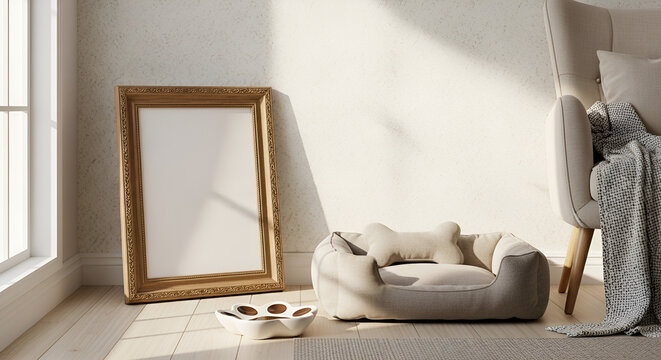 Empty picture frame mockup rests beside a comfortable pet bed and armchair in a sunlit room