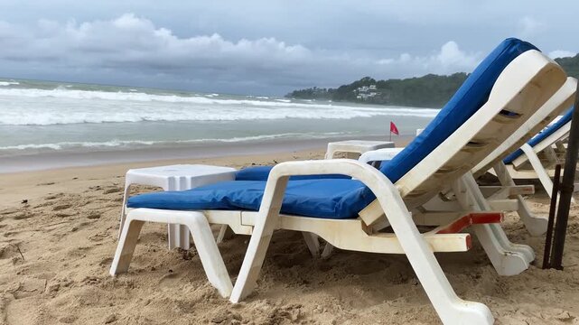 Empty beach loungers on shore during tropical storm with swimming ban, dangerous sea conditions in Phuket Thailand.