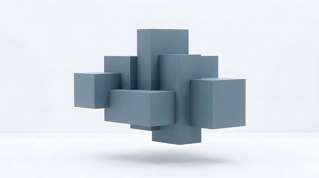 A minimalist abstract composition of interconnected blue grey geometric blocks and cubes arranged in a floating formation against a clean white
