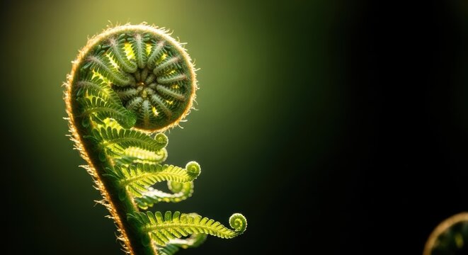 Close-Up of Spiral Fern Fiddlehead Emerging from Natural Background