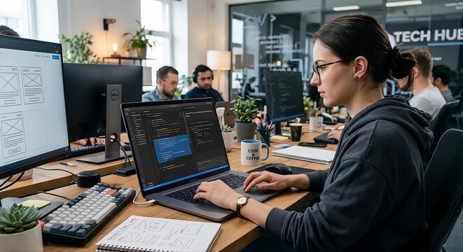 A professional programmer works in a modern, sunlit "Tech Hub" office, utilizing an AI-powered code editor on her laptop. The screen displays active syntax highlighting and automated suggestions. Surr