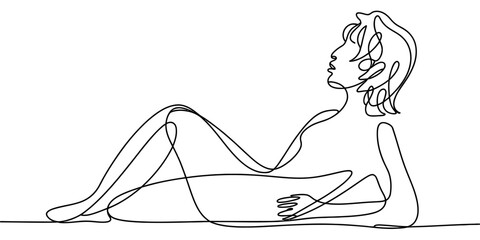 A minimalist single line drawing illustration of a relaxed woman reclining on a flat surface area. © Sojib