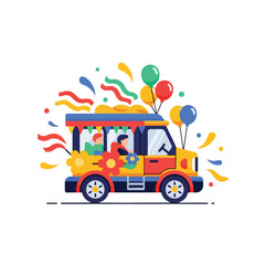 Fototapeta premium Colorful cartoon vehicle with balloons driving on road