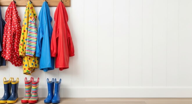 Colorful Children's Jackets and Boots on White Wall Background