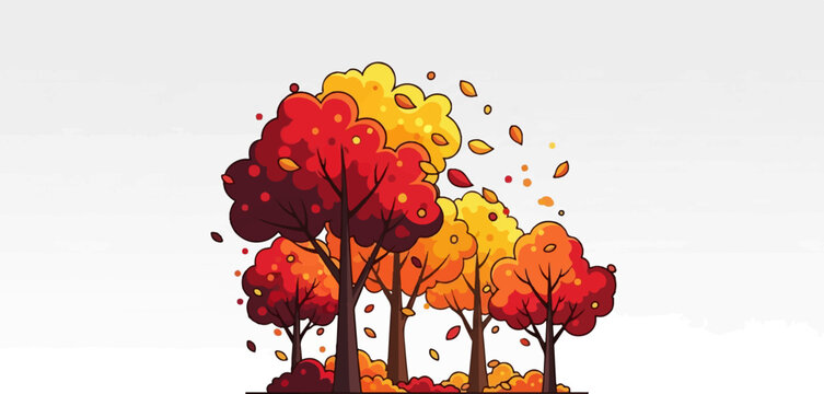 A cluster of stylized trees with vibrant red, orange, and yellow foliage in autumn
