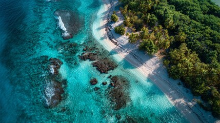 Obraz premium Aerial View of Turquoise Lagoon with Pristine Beach and Lush Greenery from a Drone Perspective