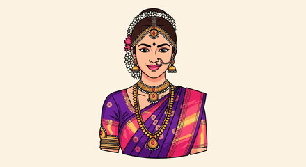Fototapeta premium A woman with elaborate traditional jewelry and a vibrant purple and pink sari
