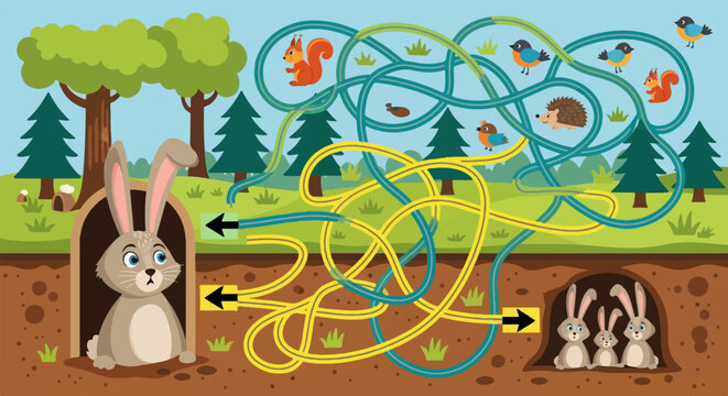 A woodland maze with a surprised bunny and family, featuring squirrels, birds, and a hedgehog