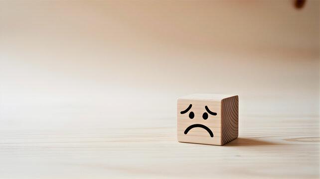 Sad Wooden Cube with a Frowny Face on a Light-Colored Surface