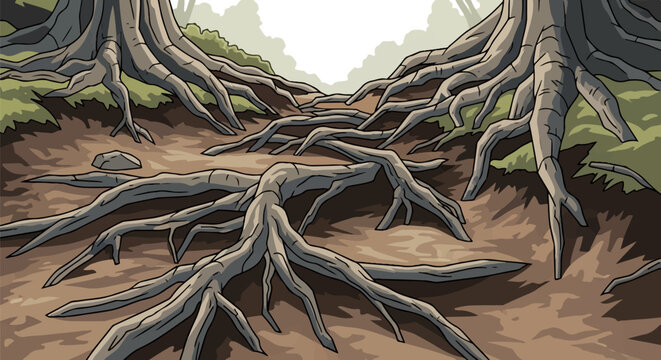 Gnarled, exposed tree roots sprawl across a forest floor with mossy ground