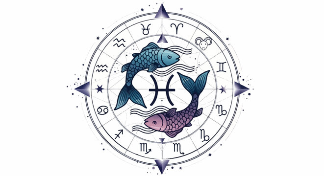 Celestial Pisces zodiac wheel with two fish and astrological symbols