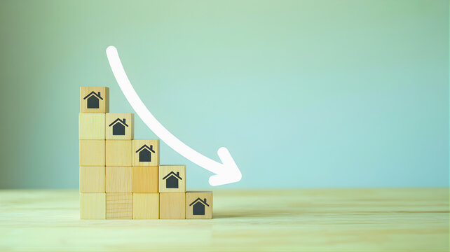 Conceptual illustration of a falling house market with an arrow indicating a downward trend
