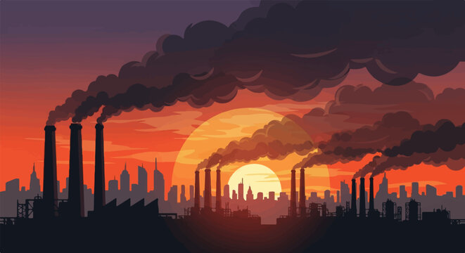 Industrial smokestacks belching dark smoke against a vibrant sunset sky