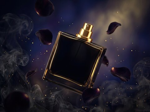 Black perfume bottle with gold accents floating amidst smoke and rose petals