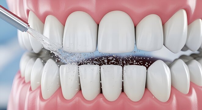 Close-up of healthy white teeth being cleaned with a water flosser for oral hygiene.