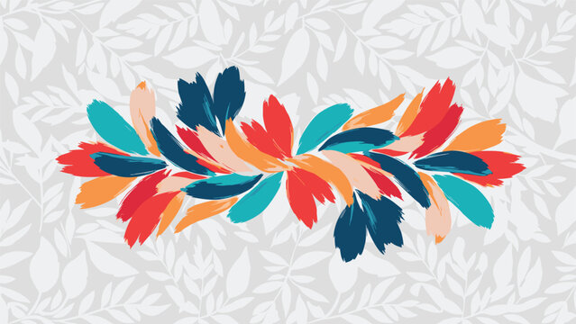Abstract composition of vibrant colorful brushstrokes arranged in a floral shape over a subtle grey leaf pattern.
