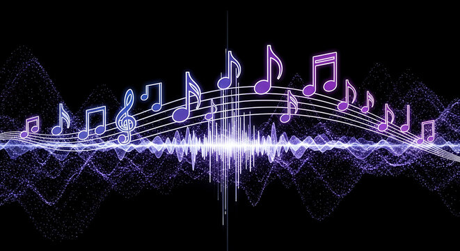 Sound wave visualization with vibrant musical notation on black