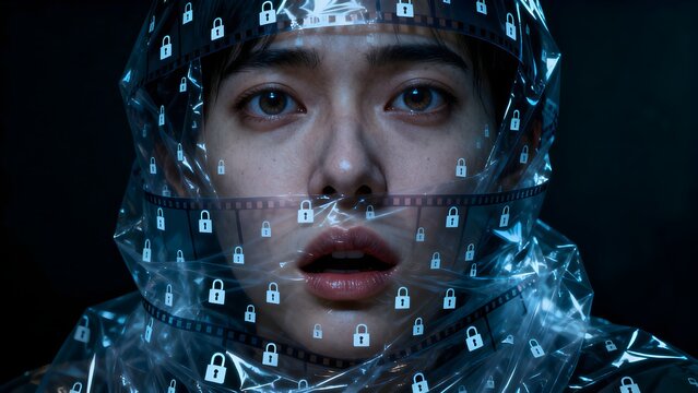 Close-up portrait of a distressed person's face obscured by a transparent plastic film with glowing white padlock icons, representing digital privacy concerns and security restrictions in a modern, da