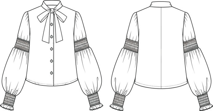 Technical fashion illustration of blouse with bow tie collar, bishop sleeves, ruffled cuffs, and decorative bands, perfect for garment design, pattern making, and apparel artwork projects.