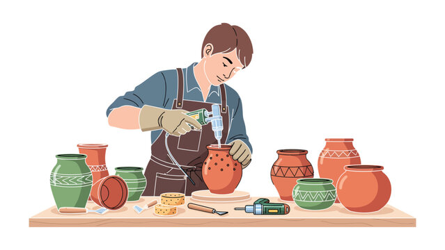 Artisan's Craft: An artisan masterfully molds a ceramic pot, imbuing it with meticulous detail. The scene is a celebration of artistry and the tangible beauty born from skillful hands.