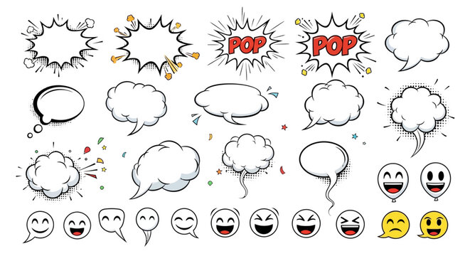 A set of comic speech bubbles and funny expression bubbles for reusable designer assets with various captions like Gotcha! and Prank! in a flat lay from above on a white background