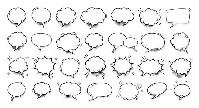 A set of black and white comic speech bubbles and prank speech bubbles with various captions like 'Gotcha!', 'No way!', and 'Just kidding!' for reusable designer assets and templates