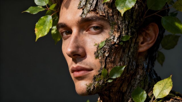 A captivating artistic portrait of a handsome young man with intricate tree bark and vibrant green leaves seamlessly integrated into his skin, embodying a powerful connection to nature and environment