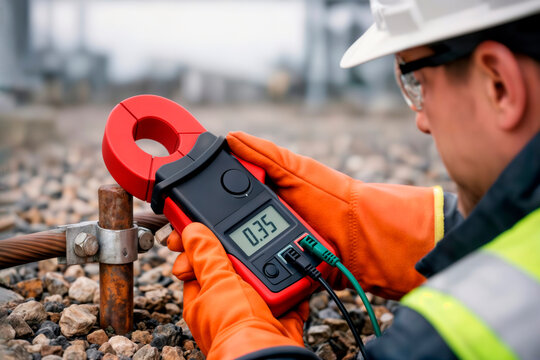 Worker in safety gear using red digital clamp meter to test grounding rod.
