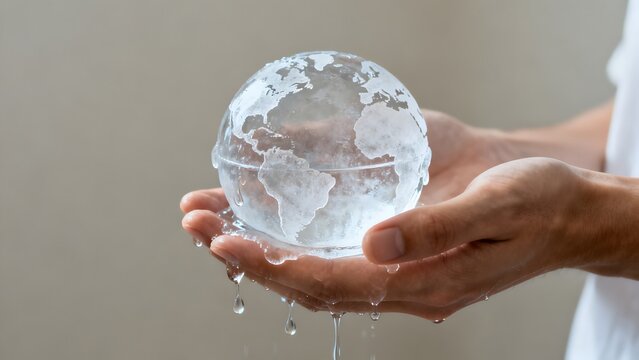 Melting ice globe delicately held in cupped hands symbolizes the urgent crisis of global warming and environmental fragility needing immediate worldwide attention.
