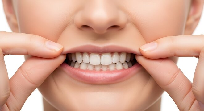 A person pulling back their cheeks to show their teeth and gums