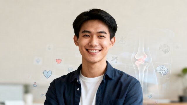 A cheerful and vibrant young Asian man with short dark hair, wearing a stylish casual blue shirt over a white t-shirt, beams a wide, genuine, and friendly smile directly towards the viewer, radiating 