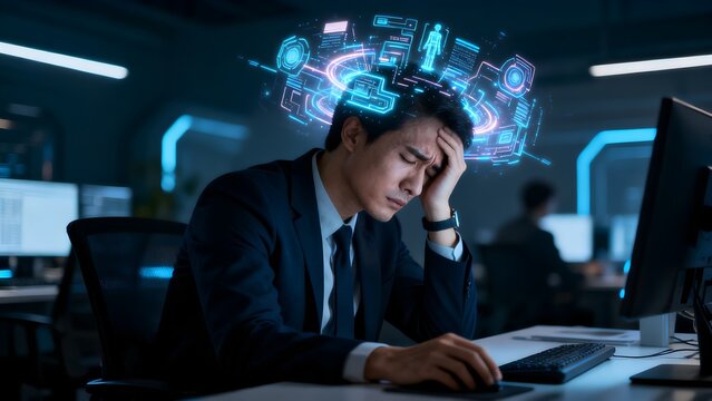 A visibly stressed young Asian businessman, overwhelmed by complex data visualization and digital information, grapples with immense pressure and an intense headache while working late in a futuristic
