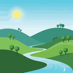 Fototapeta premium Serene countryside landscape with winding river and sunny sky