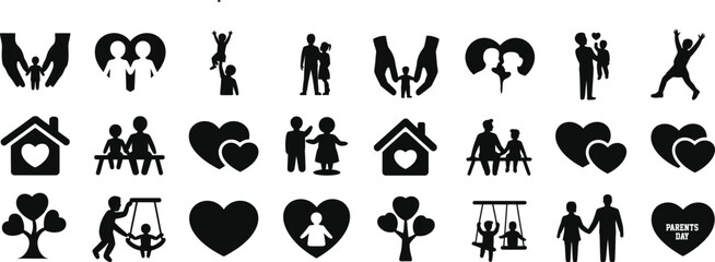 Fototapeta premium Collection of black family love and parenting silhouette design icon logo illustration isolated on white background