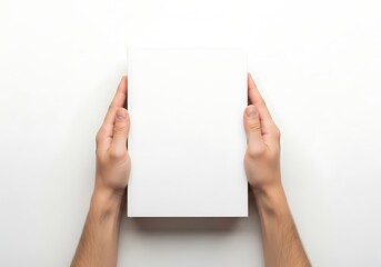 Obraz premium Two hands gently holding a plain white rectangular object against a light backdrop isolated on white background