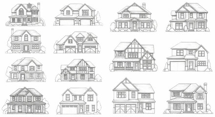 Obraz premium Pencil Sketch House Silhouettes, Architectural Styles, Residential Home Designs, Hand Drawn Buildings, Vector Illustration Set