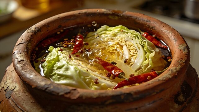 Traditional earthenware crock filled with fermenting cabbage, representing kimchi, sauerkraut, and artisanal food preservation methods