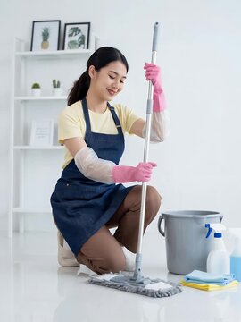 A smiling young Asian woman in an apron and gloves, kneeling and mopping a clean white floor in a bright room with cleaning supplies.