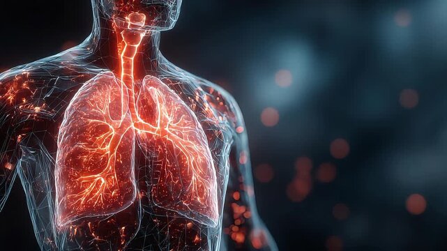 A striking, futuristic digital illustration depicts the human respiratory system, conveying health, vitality, and the intricate beauty of human biolog