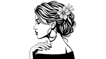 Elegant Woman Profile Portrait, Vintage Hairstyle, Flower Accessory, Hoop Earrings, Black and White © ISLAH