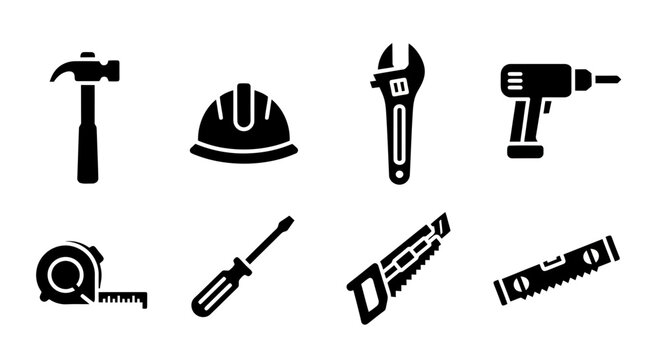 Set of iconic construction and repair tools including hammer, hard hat, wrench, drill, tape measure, screwdriver, utility knife, and spirit level